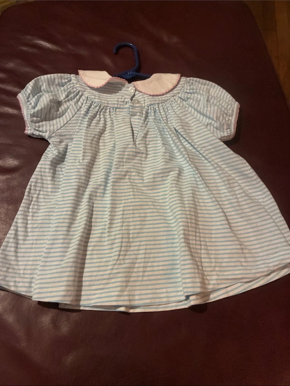 Blue Striped Baby Dress with Pink Collar and Chick Appliqués
